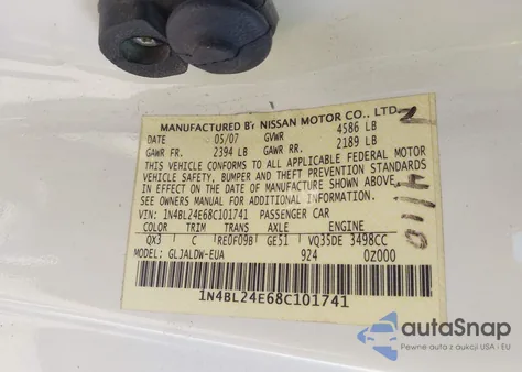 2008 Nissan Altima 3.5 Se from USA, damaged, VIN 1N4BL24E68C101741